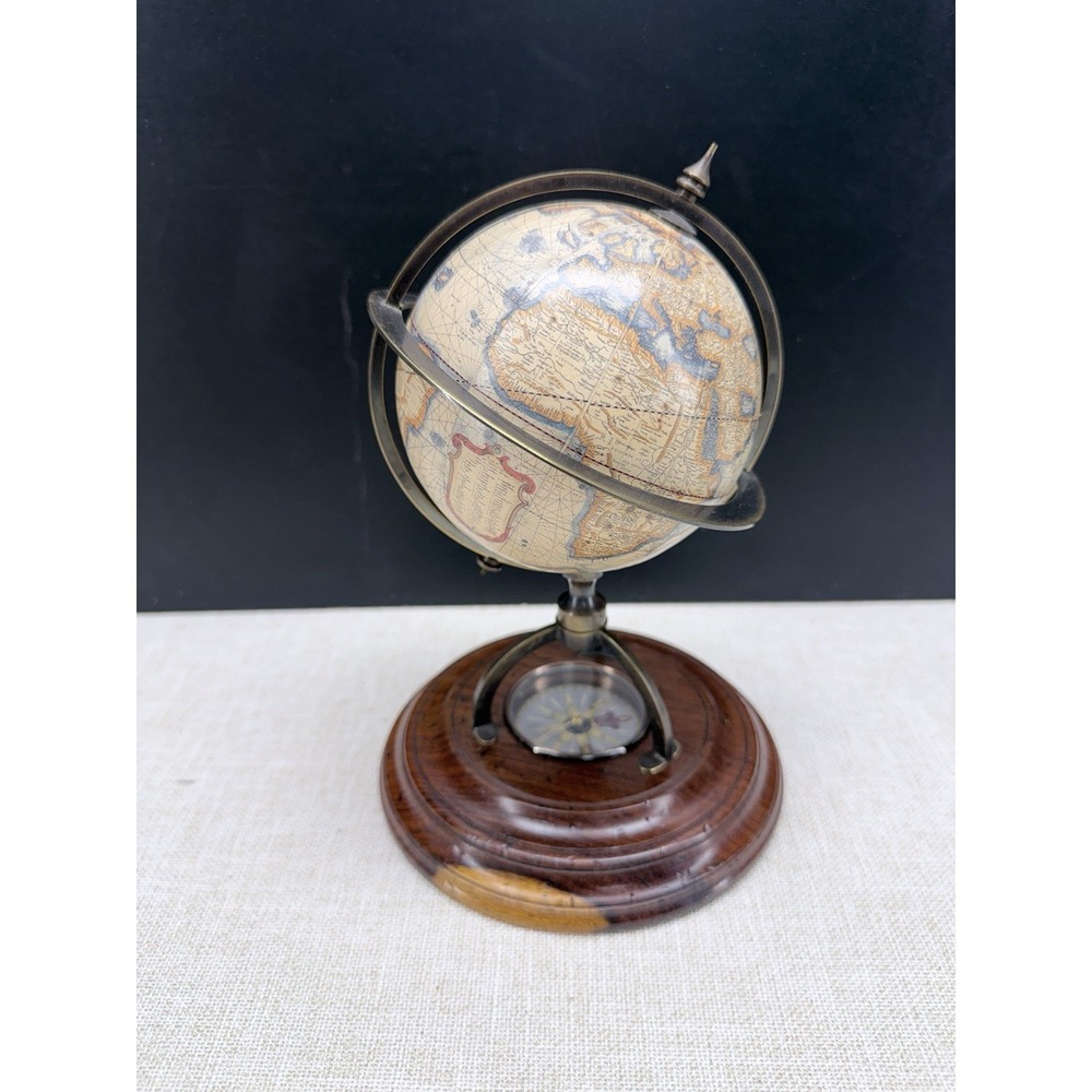 Vintage Decorative Old World Desk Globe‎ & Compass in  Wood Base (S)